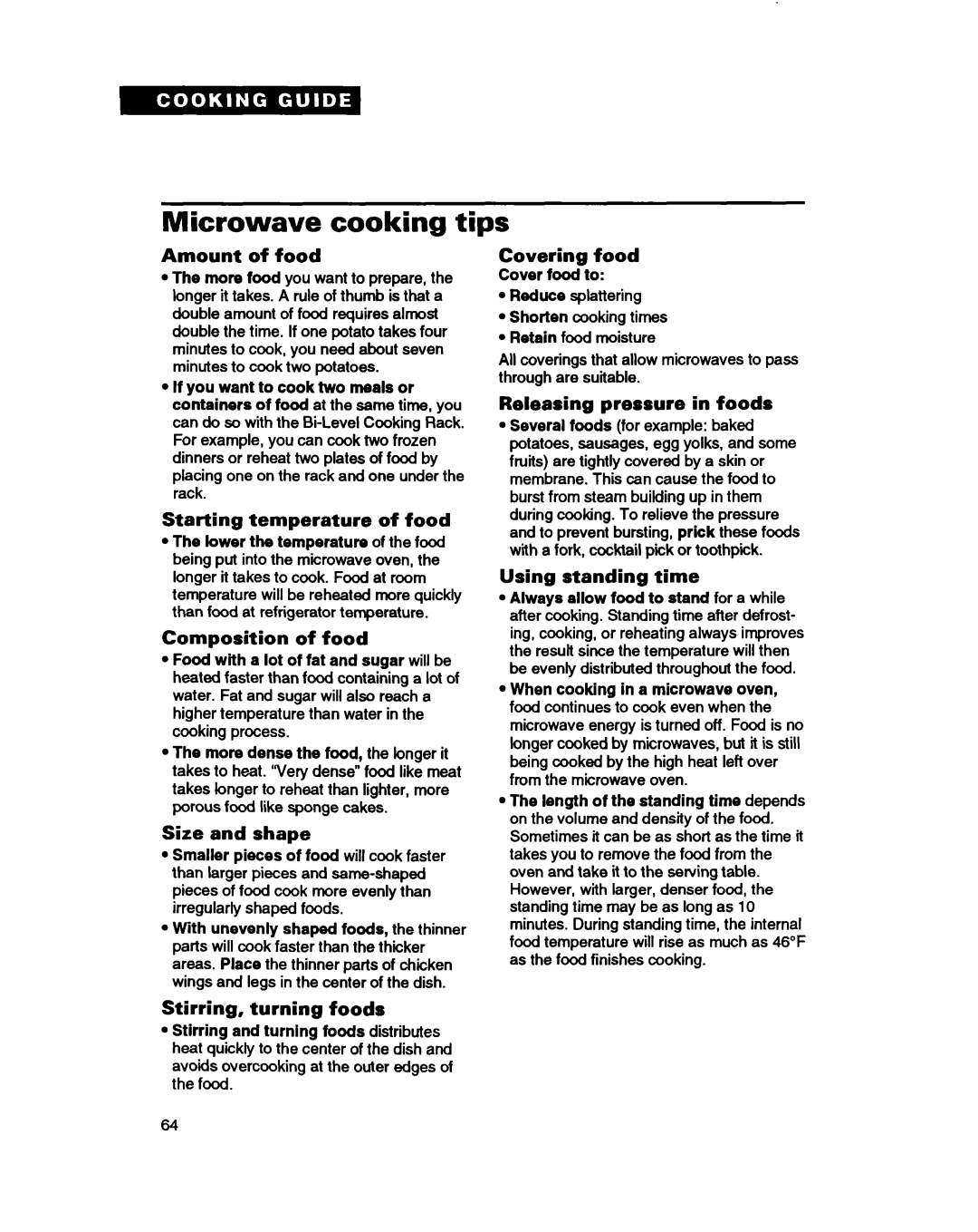 Whirlpool MC8130XA warranty Microwave cooking tips 