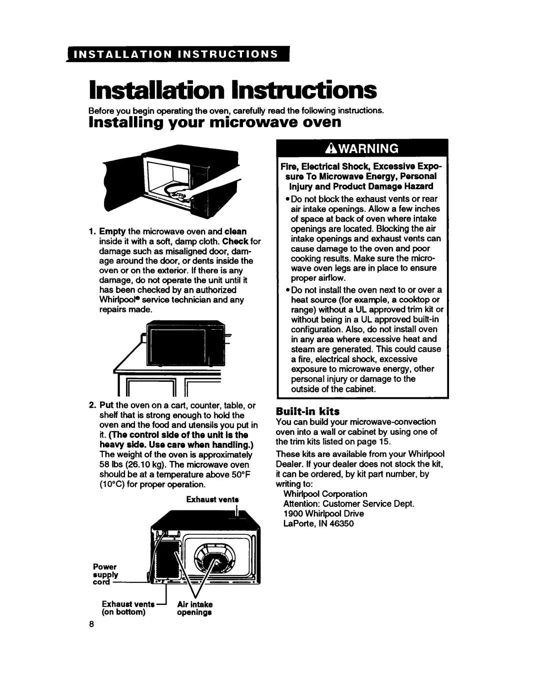 Whirlpool MC8130XA warranty Installation Instructions, Installing your microwave oven, Built-in kits 