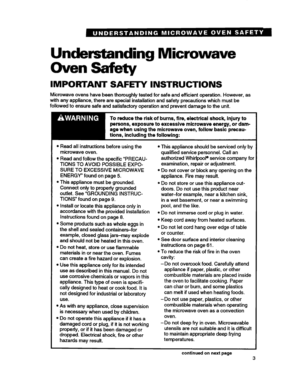 Whirlpool MC8130XA warranty Understanding Microwave Oven safety, Important Safety Instructions 