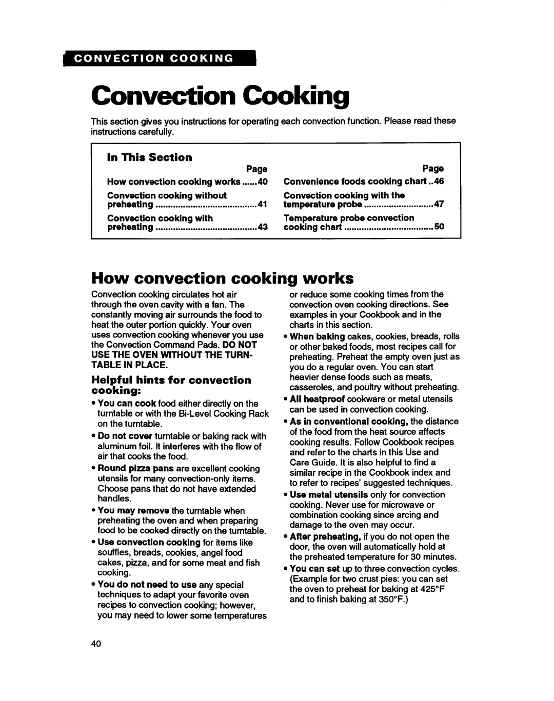Whirlpool MC8130XA Convection Cooking, How convection cooking, works, I In This Section, Helpful, hints, for convection 