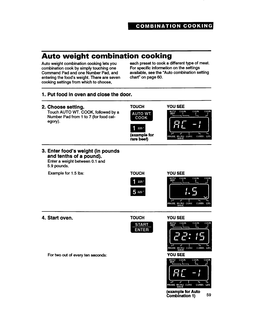 Whirlpool MC8130XA Auto weight combination, cooking, rarebee9, example for Auto Combmation, Choose setting, Start oven 