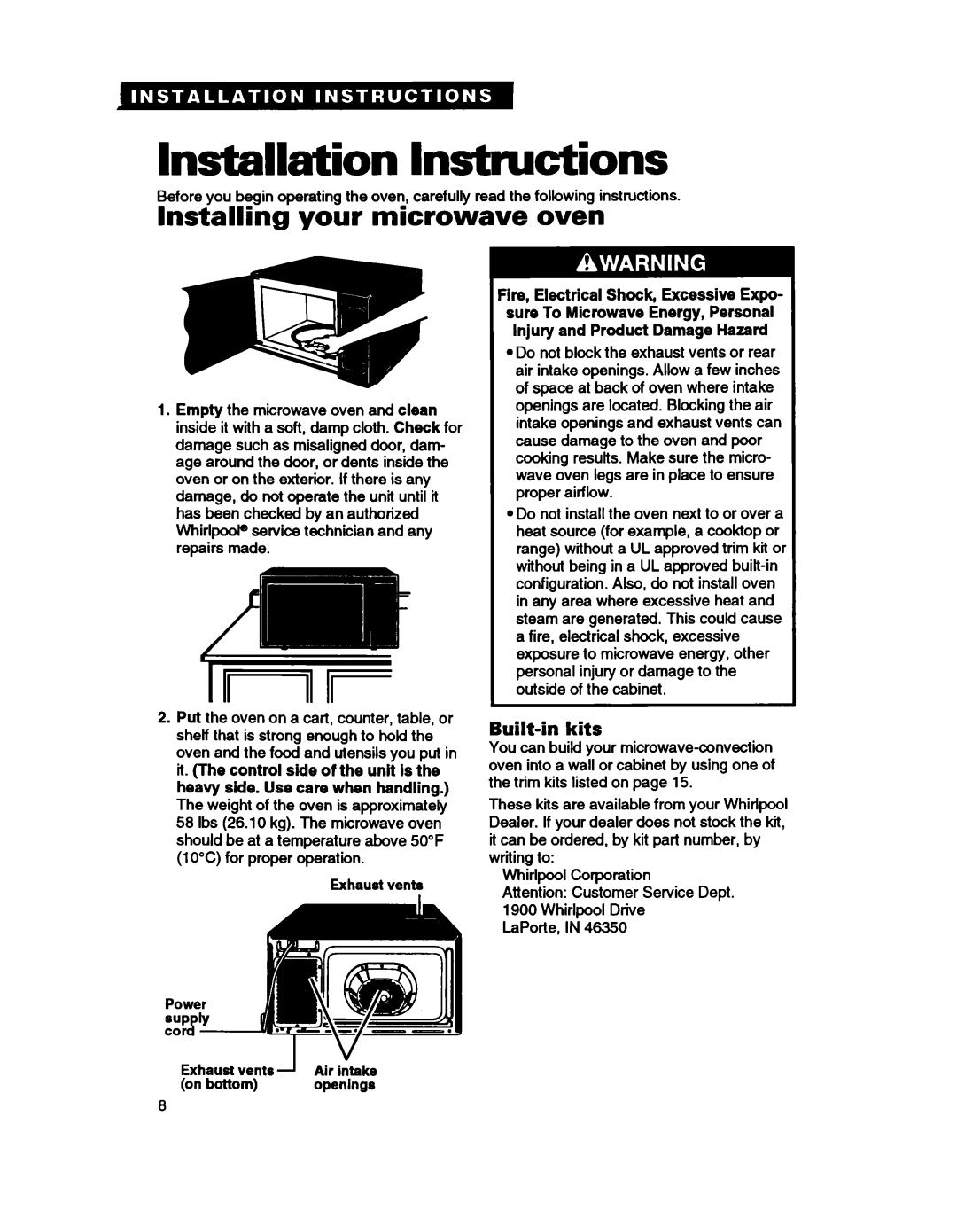 Whirlpool MC8130XA warranty Installation Instructions, Installing your microwave oven, Built-inkits 