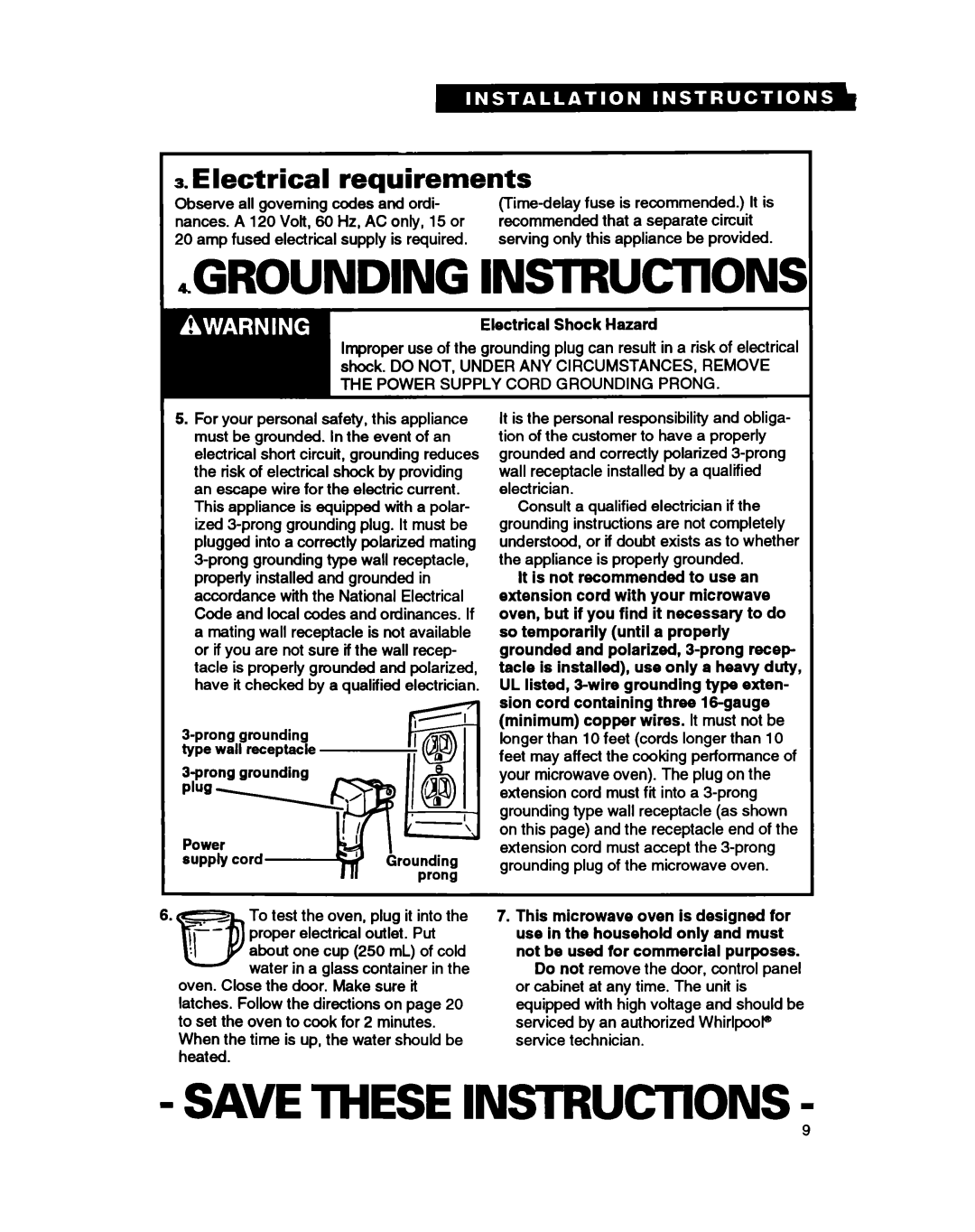 Whirlpool MC8130XA Grounding Instructions, Save These Instructions, Electrical requirements, Electrical Shock Hazard 
