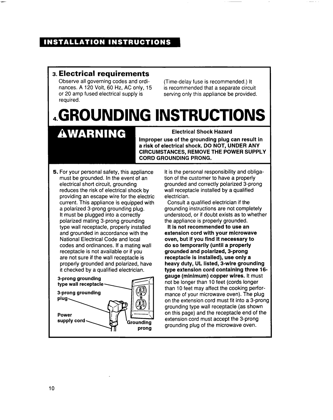 Whirlpool MC8131XE installation instructions Grounding Instructions 