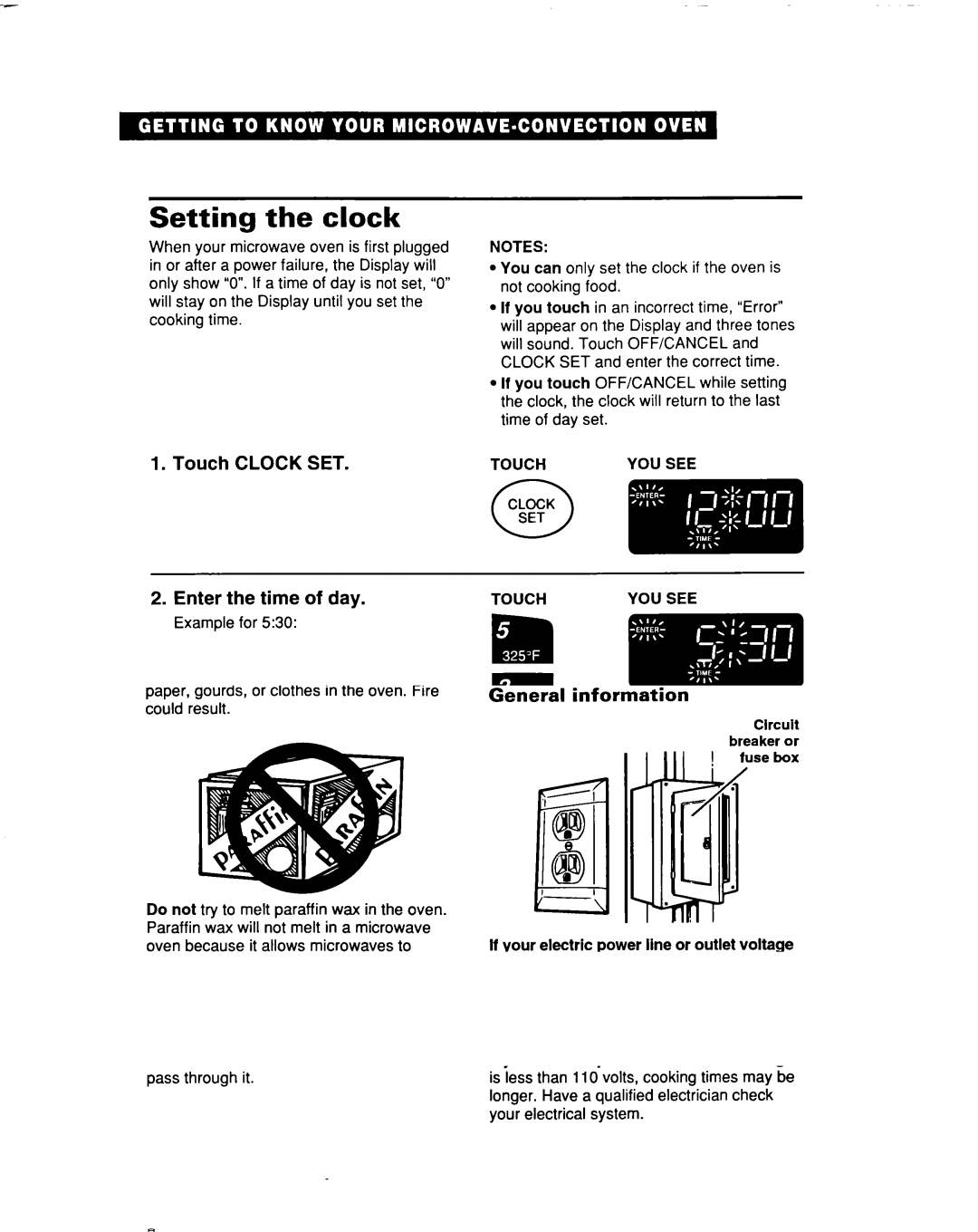 Whirlpool MC8131XE installation instructions Setting the clock, Touch Clock SET, Enter the time of day, Complete entry 