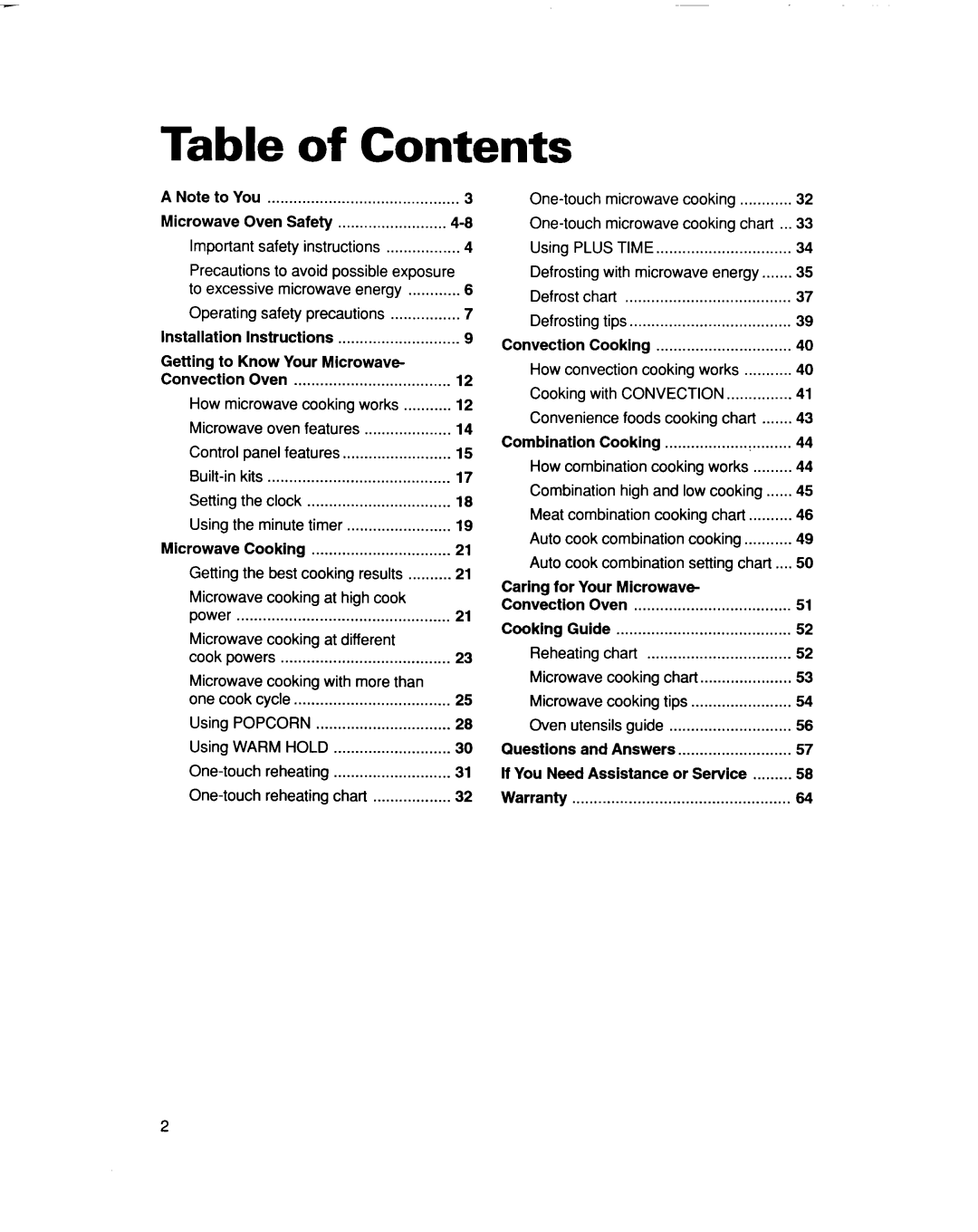 Whirlpool MC8131XE installation instructions Table of Contents 