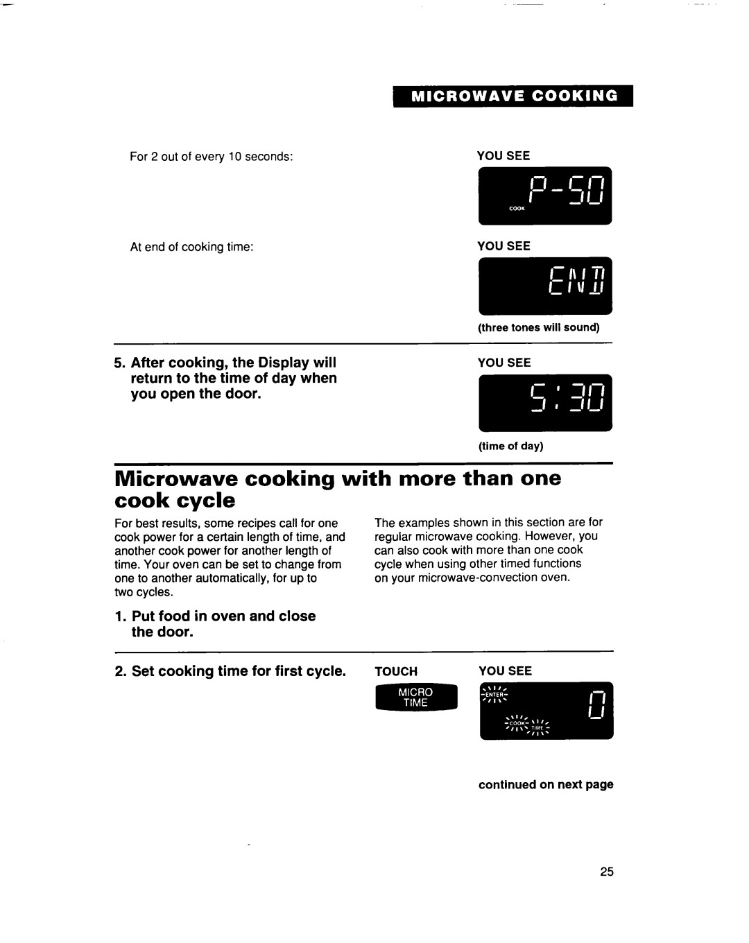 Whirlpool MC8131XE installation instructions Microwave cooking with more than one cook cycle 