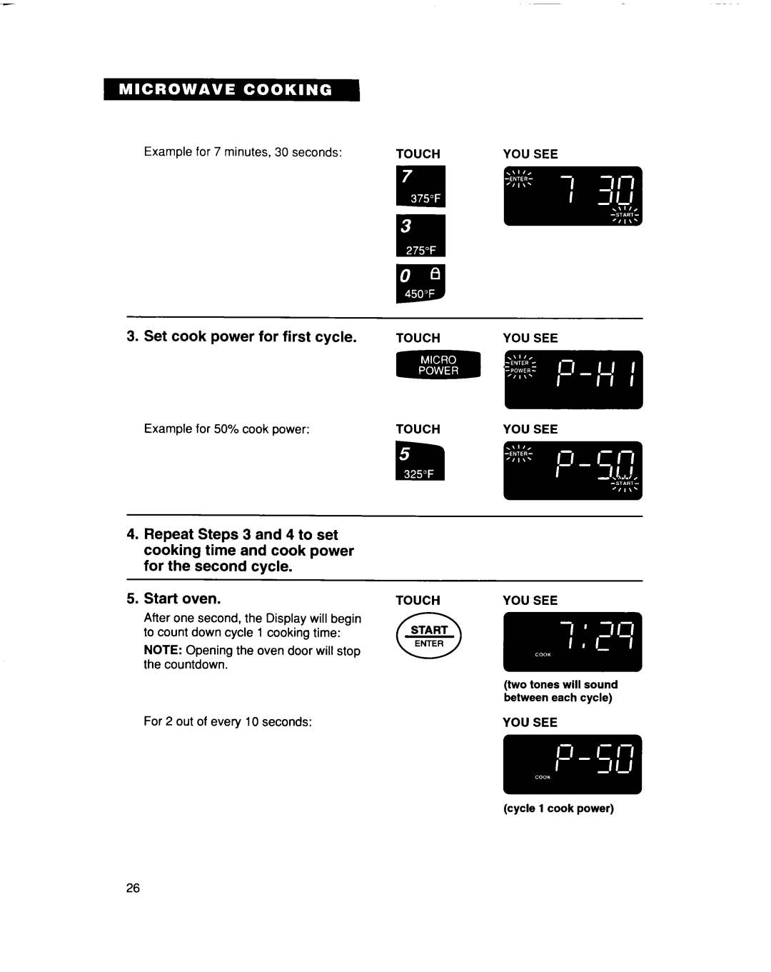 Whirlpool MC8131XE installation instructions Set cook power for first cycle, Touchyou see 