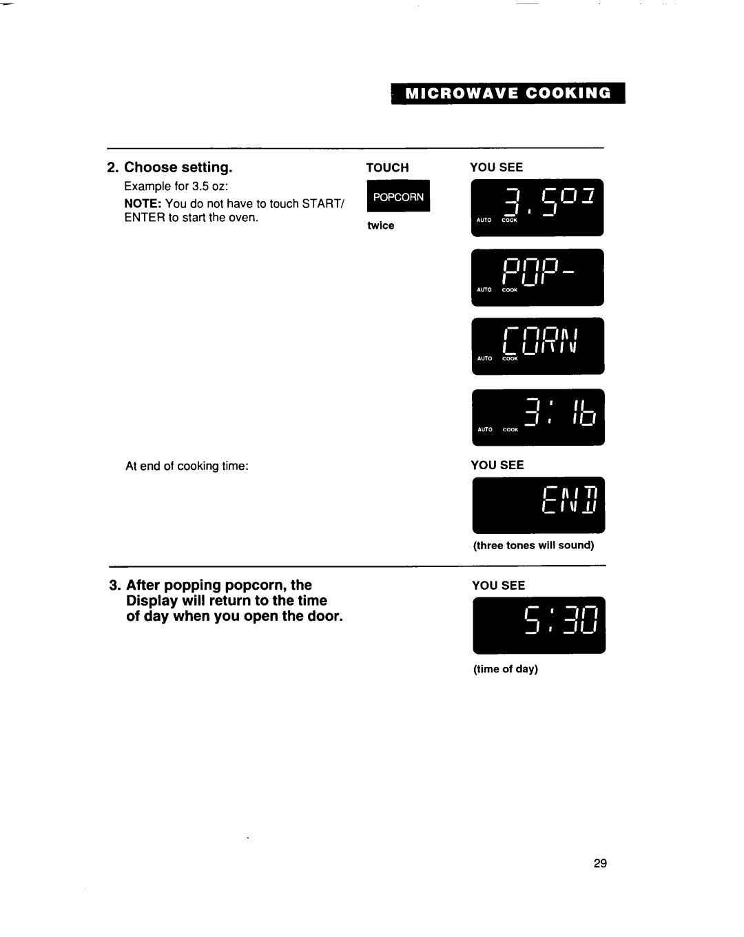 Whirlpool MC8131XE installation instructions Choose setting 