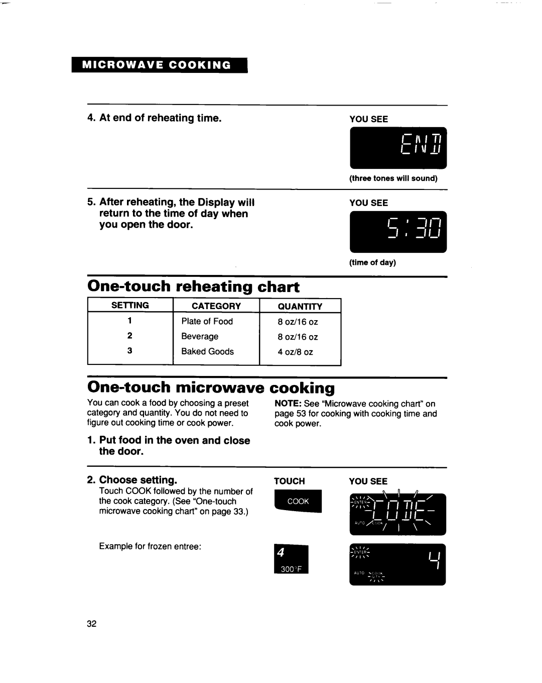 Whirlpool MC8131XE installation instructions One-touch Reheating Chart, One-touch Microwave Cooking 