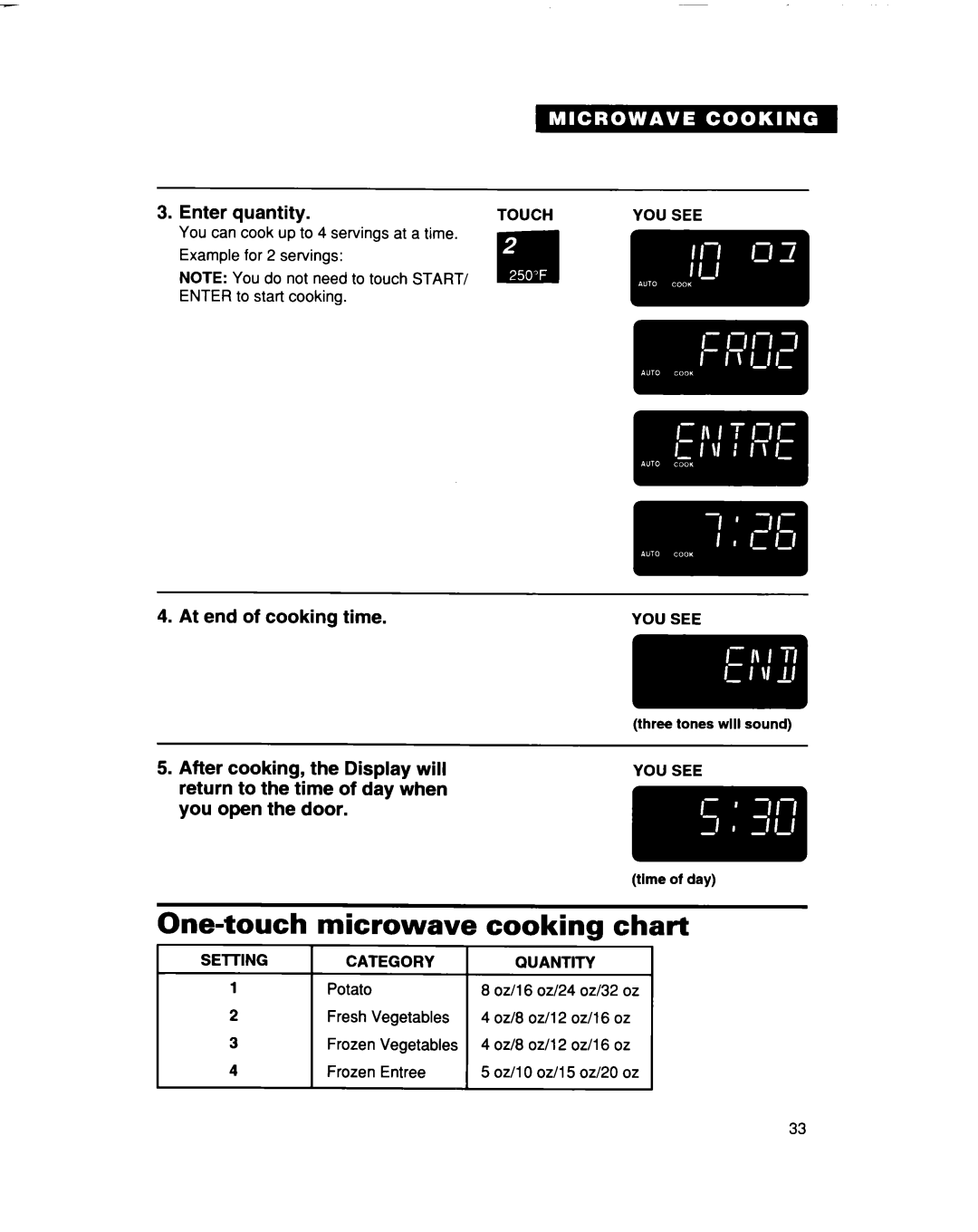 Whirlpool MC8131XE installation instructions One-touch Microwave, Enter quantity At end of cooking time 