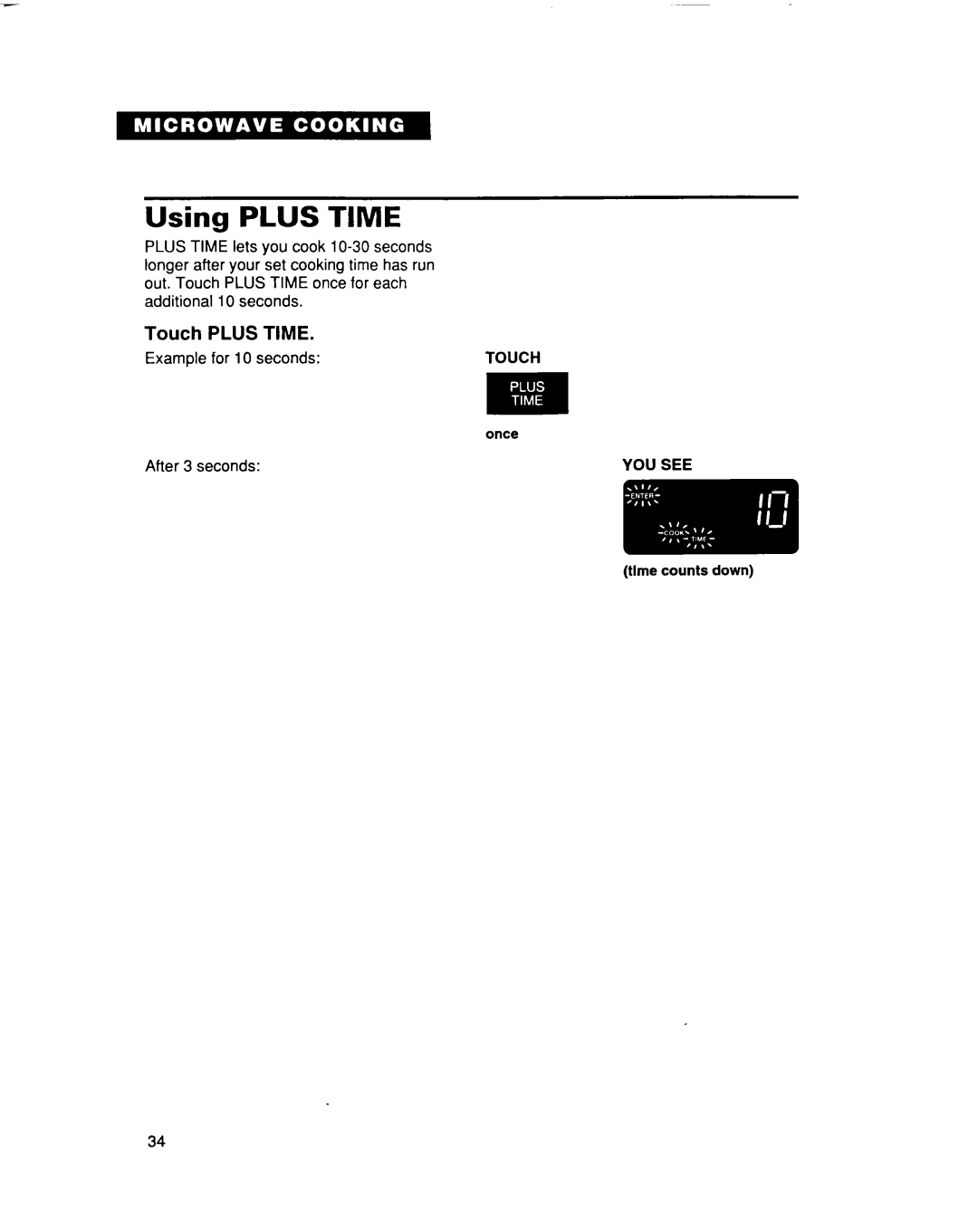 Whirlpool MC8131XE installation instructions Using Plus Time, Touch Plus Time 