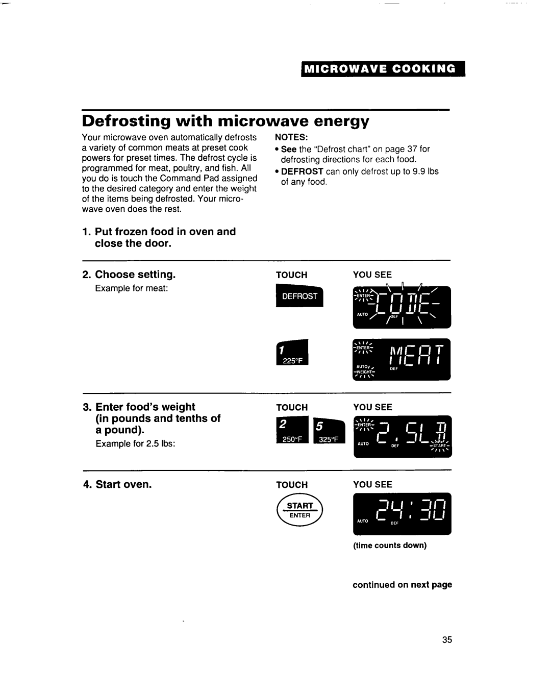 Whirlpool MC8131XE Defrosting with microwave energy, Put frozen food in oven and close the door Choose Setting 