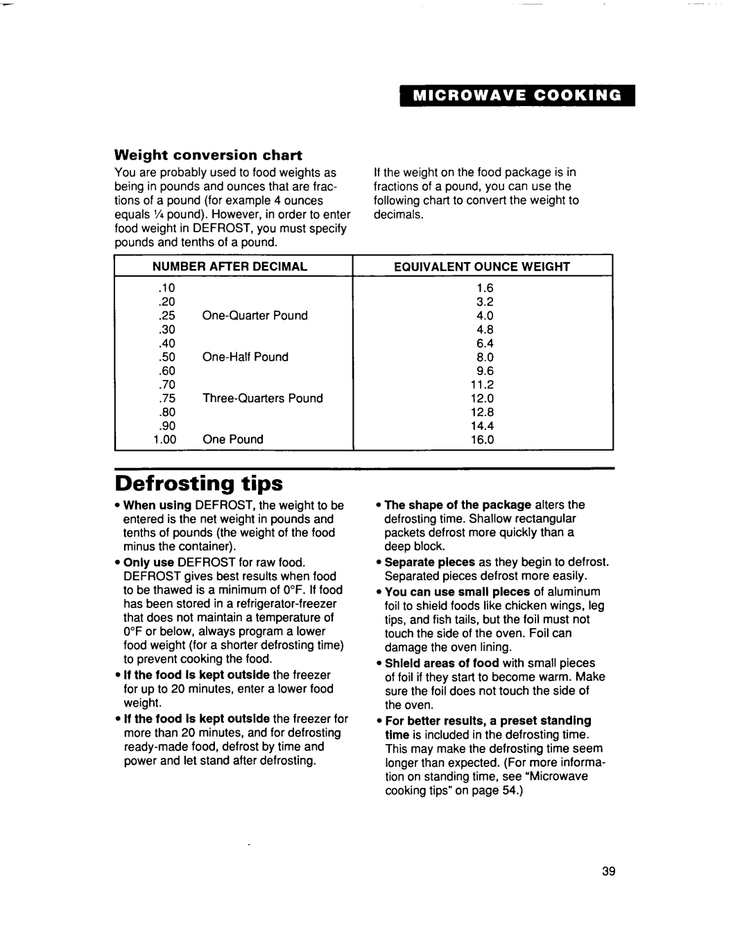 Whirlpool MC8131XE Defrosting tips, Weight conversion chart, Number After Decimal, Equivalent Ounce Weight 