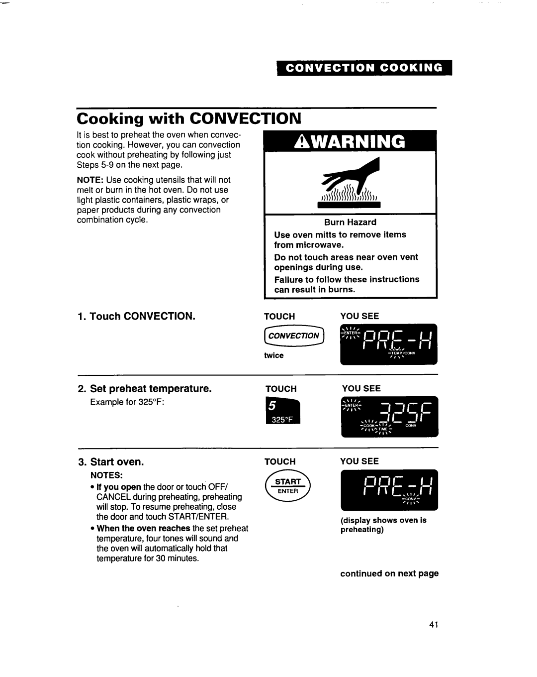 Whirlpool MC8131XE Cooking with Convection, Touch Convection, Set preheat temperature, Touch YOU see Start 