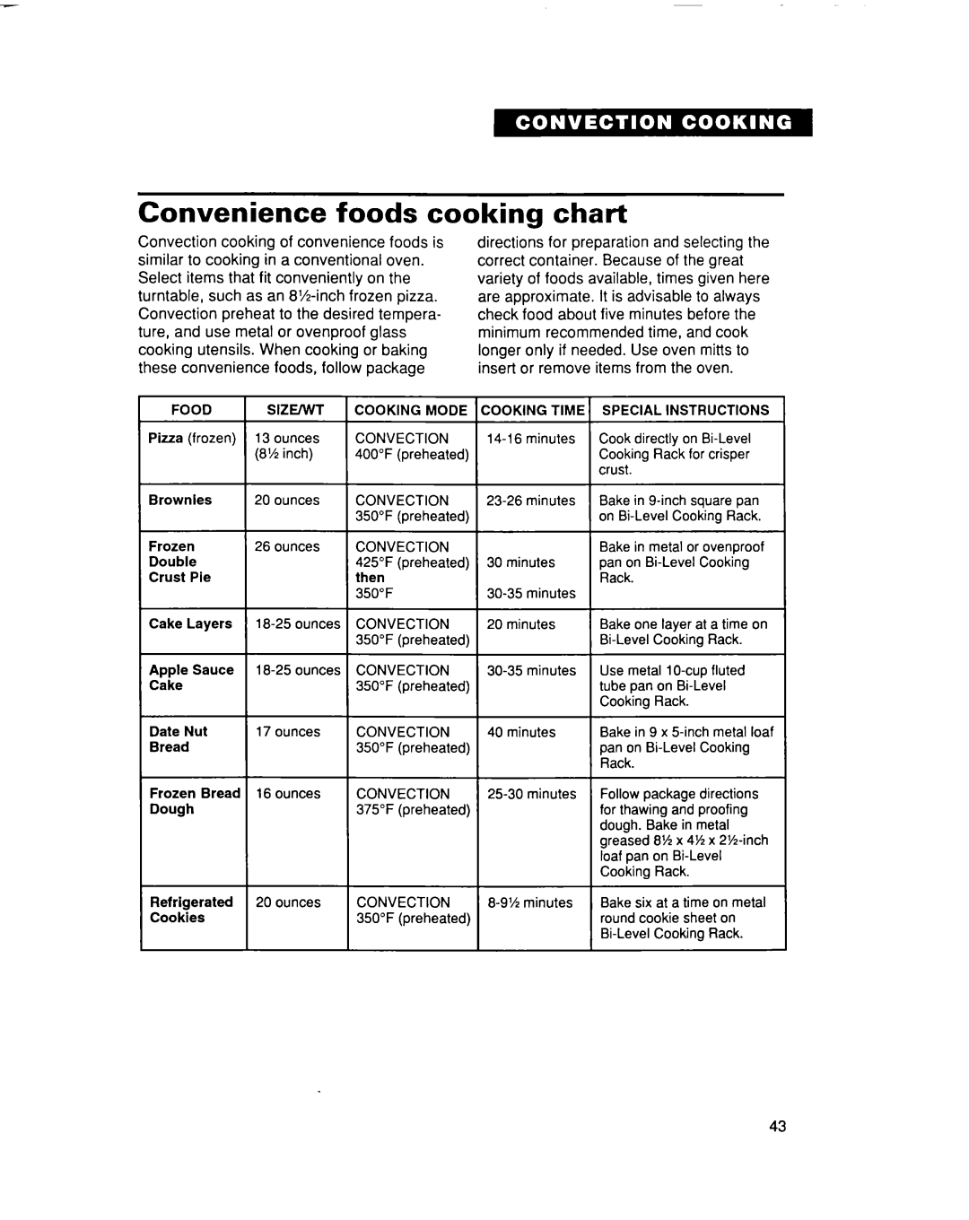 Whirlpool MC8131XE installation instructions Convenience foods cooking chart, Convection 