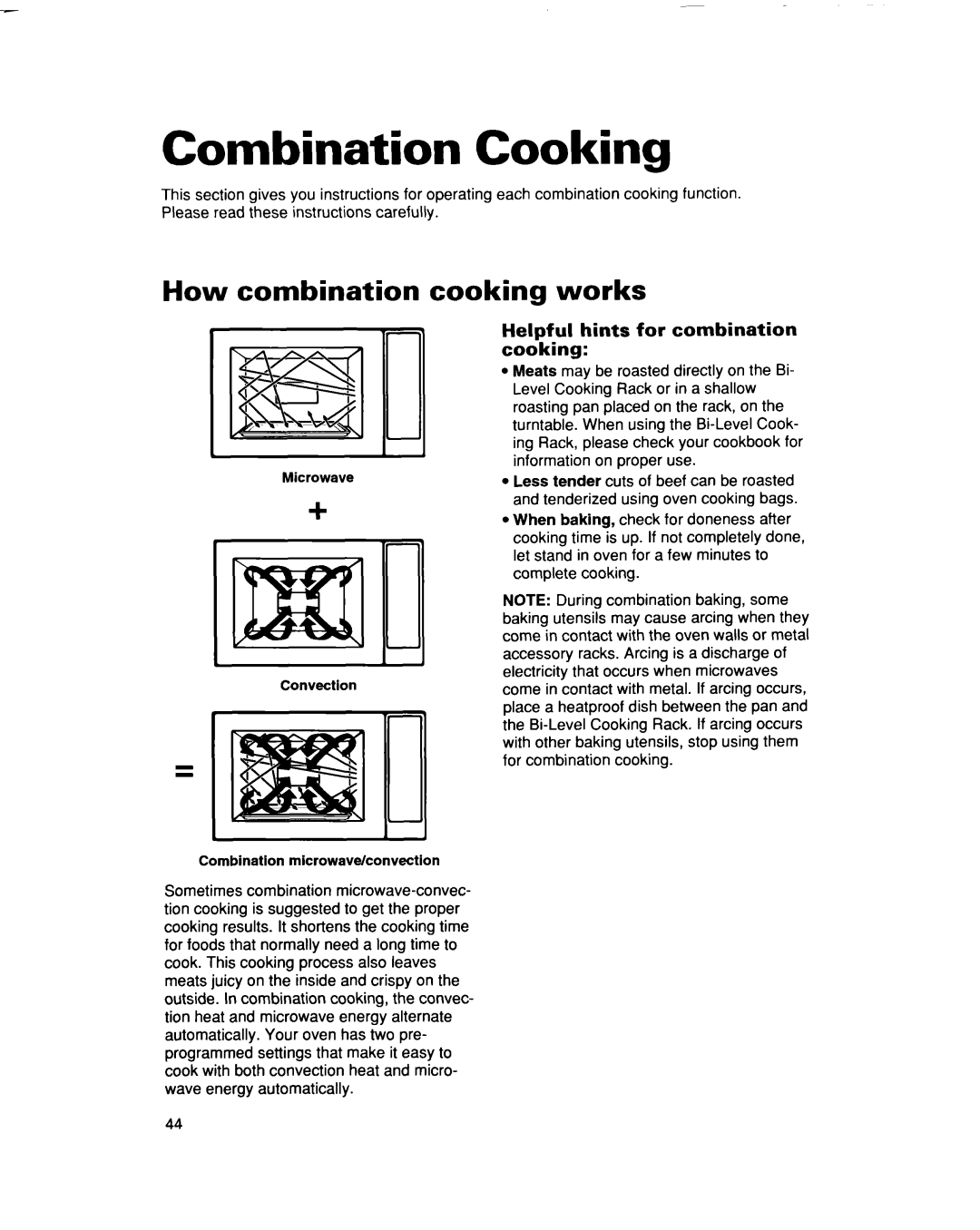 Whirlpool MC8131XE Combination Cooking, How combination cooking works, Helpful hints for combination cooking 