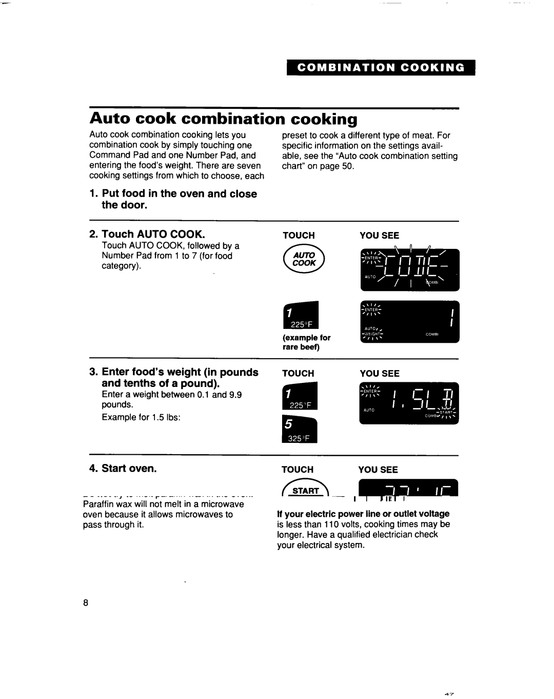 Whirlpool MC8131XE installation instructions Auto cook combination, Put food in the oven and close the door Touch Auto Cook 