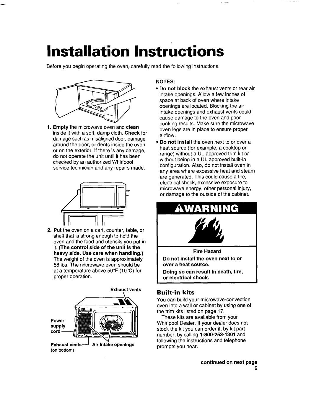 Whirlpool MC8131XE installation instructions Installation Instructions, Built-in kits 