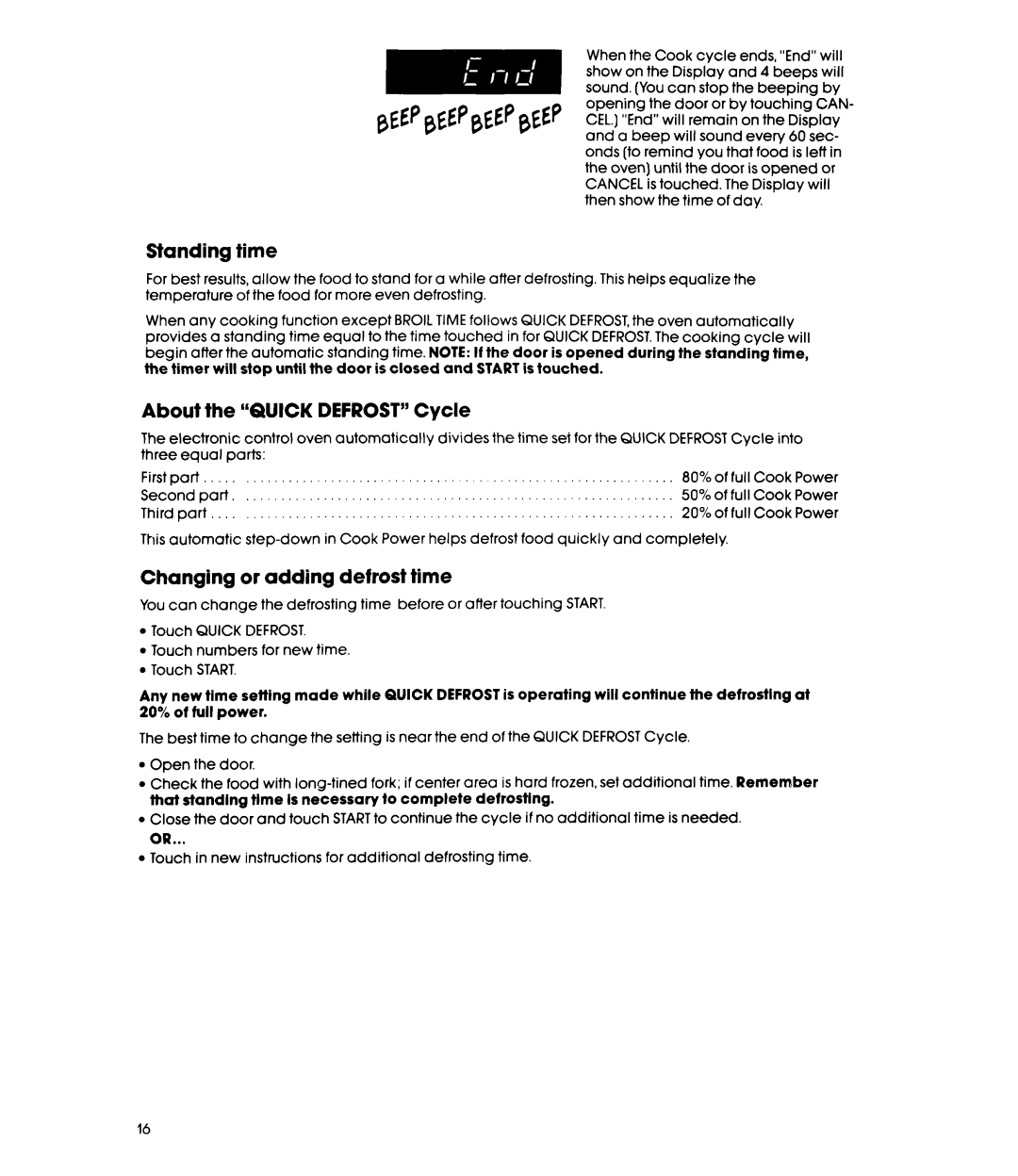 Whirlpool MC8991XT, MC8990XT manual Standing Time, About the Quick Defrost Cycle, Changing, Start 