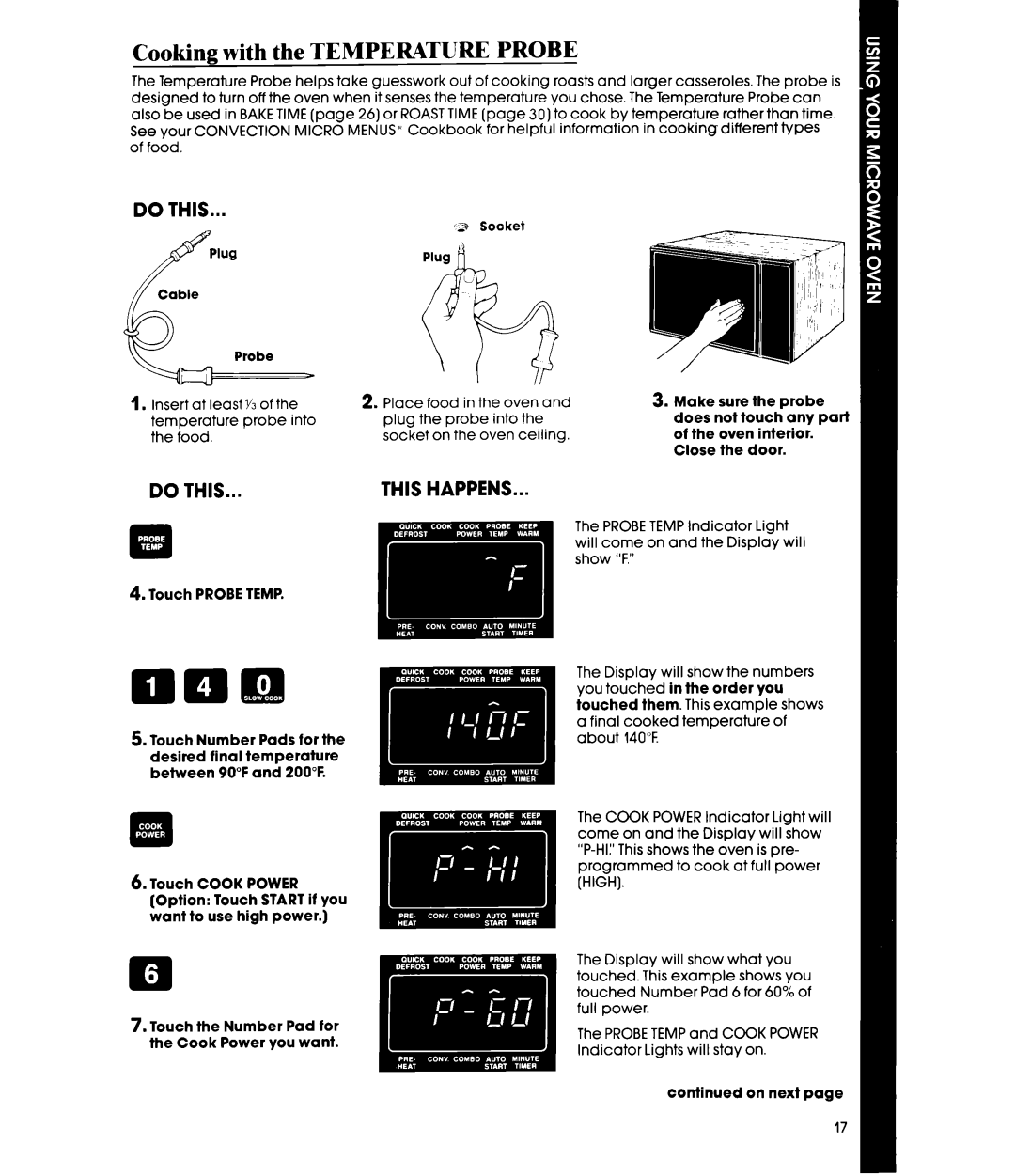 Whirlpool MC8990XT, MC8991XT manual Cooking with the Temperature Probe 