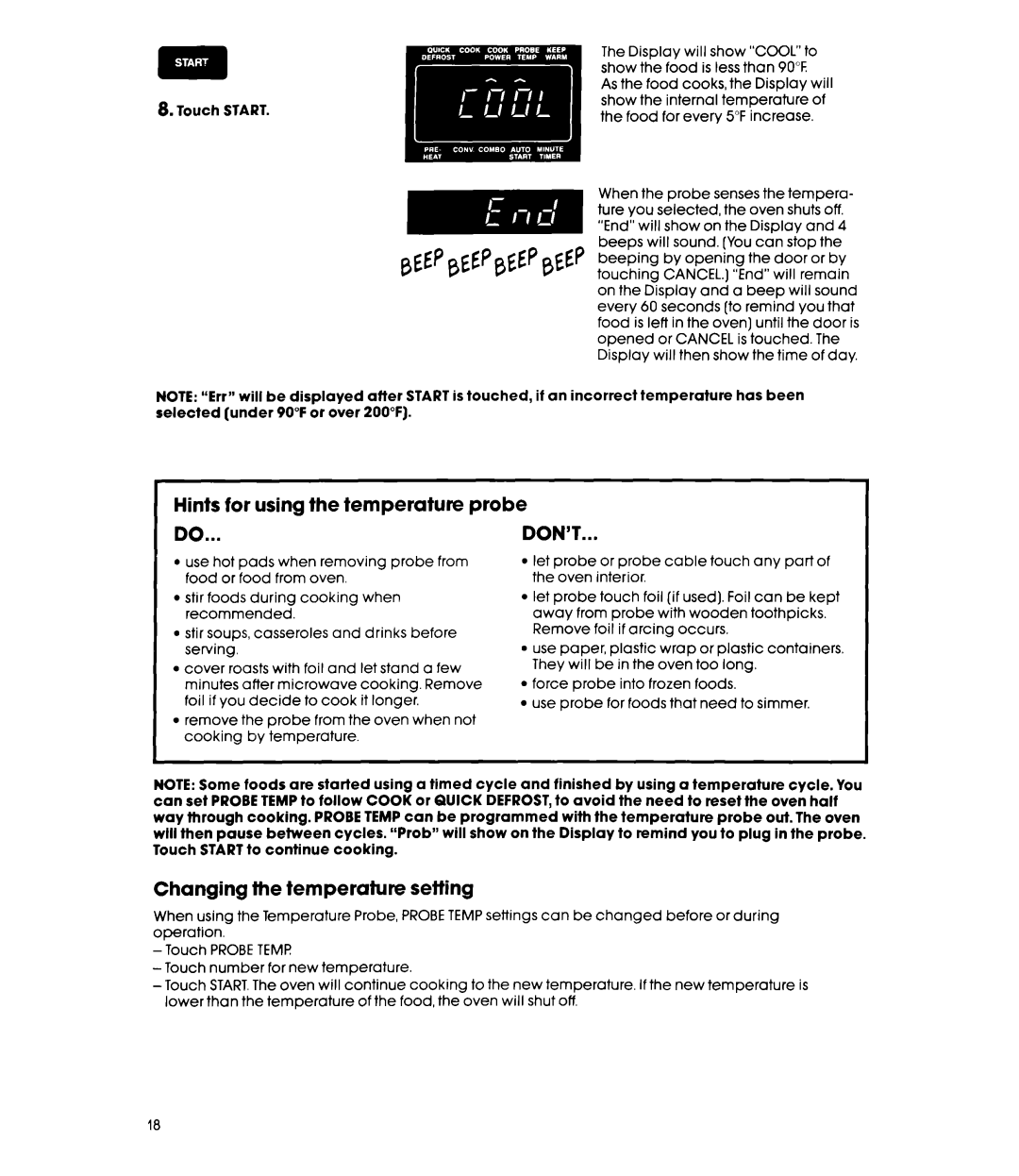 Whirlpool MC8991XT, MC8990XT manual Hints for using the temperature probe DO...DON’T, Changing Temperature, Probe Temp 