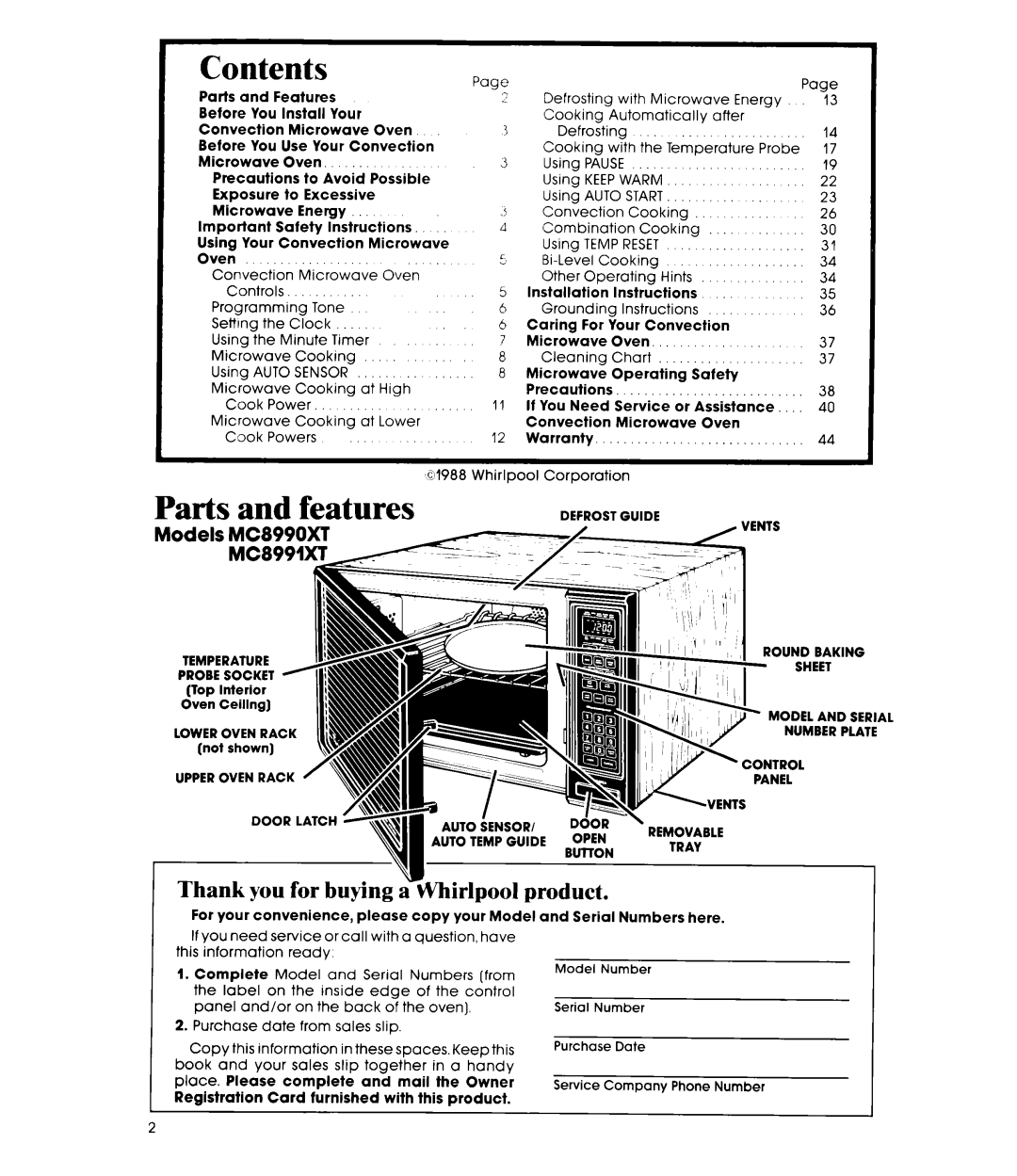 Whirlpool MC8991XT, MC8990XT manual Parts and features 