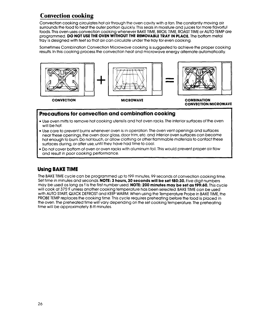 Whirlpool MC8991XT, MC8990XT manual Convection cooking, Precautions for convection and combination cooking, Using Bake Time 