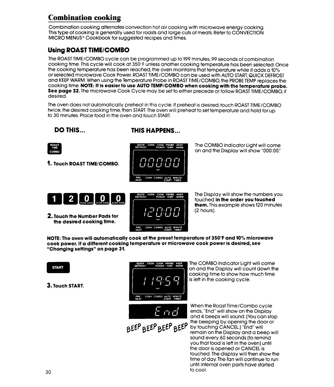 Whirlpool MC8991XT, MC8990XT manual Combination cooking, Using Roast TIME/COMBO 