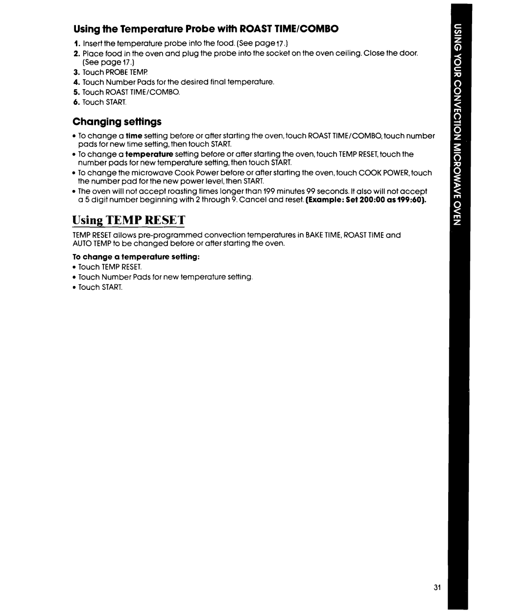 Whirlpool MC8990XT, MC8991XT manual Using Temp Reset, Using the Temperature Probe with Roast TIME/COMBO 