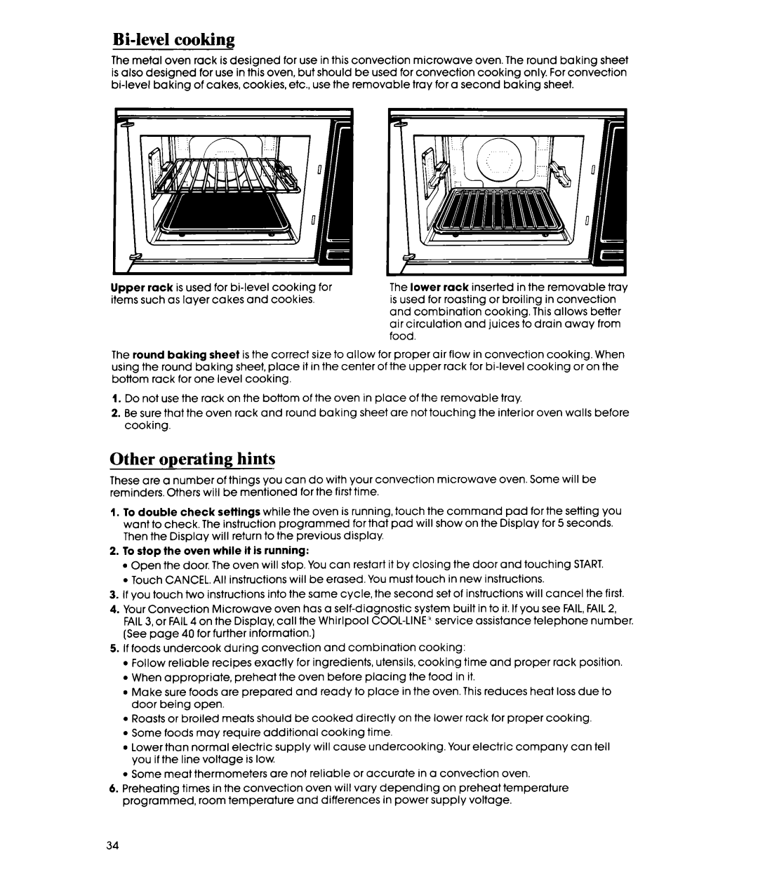 Whirlpool MC8991XT, MC8990XT manual Bi-level cooking, Other operating hints 