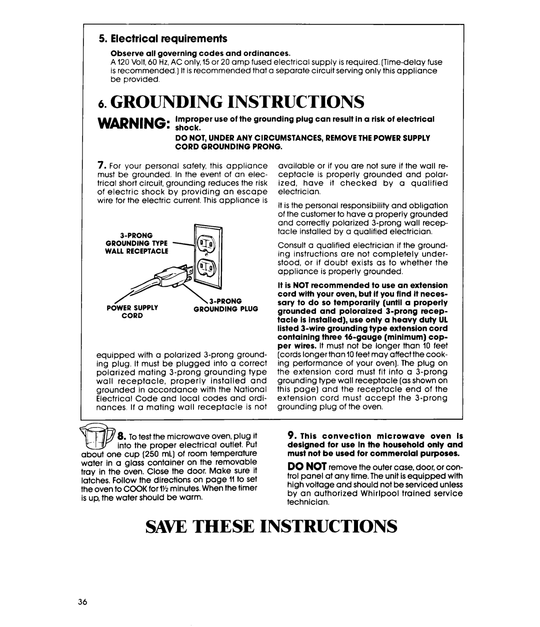 Whirlpool MC8991XT, MC8990XT manual Electrical requirements, Prong, Cord 