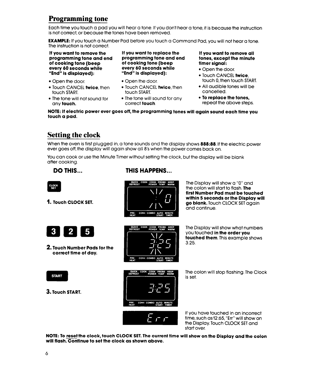 Whirlpool MC8991XT, MC8990XT manual Programming tone, Setting the clock 