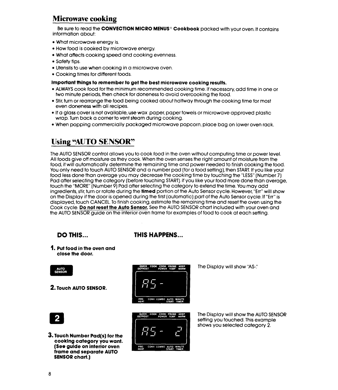 Whirlpool MC8991XT, MC8990XT manual Microwave cooking, Using Auto Sensor 