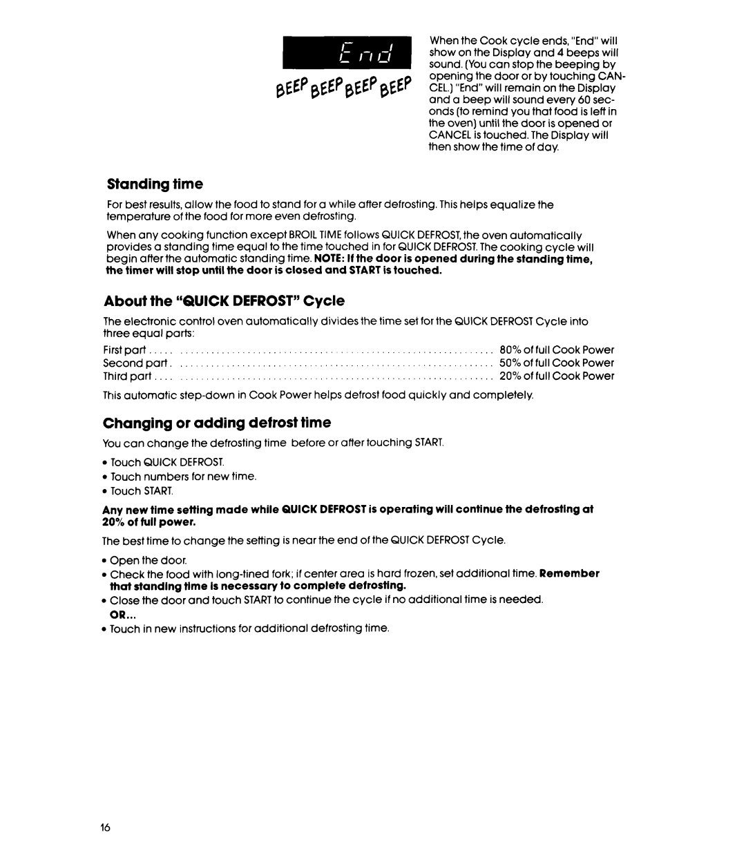 Whirlpool MC8991XT, MC8990XT manual Standing, time, About the “QUICK DEFROST” Cycle, or adding, Changing 