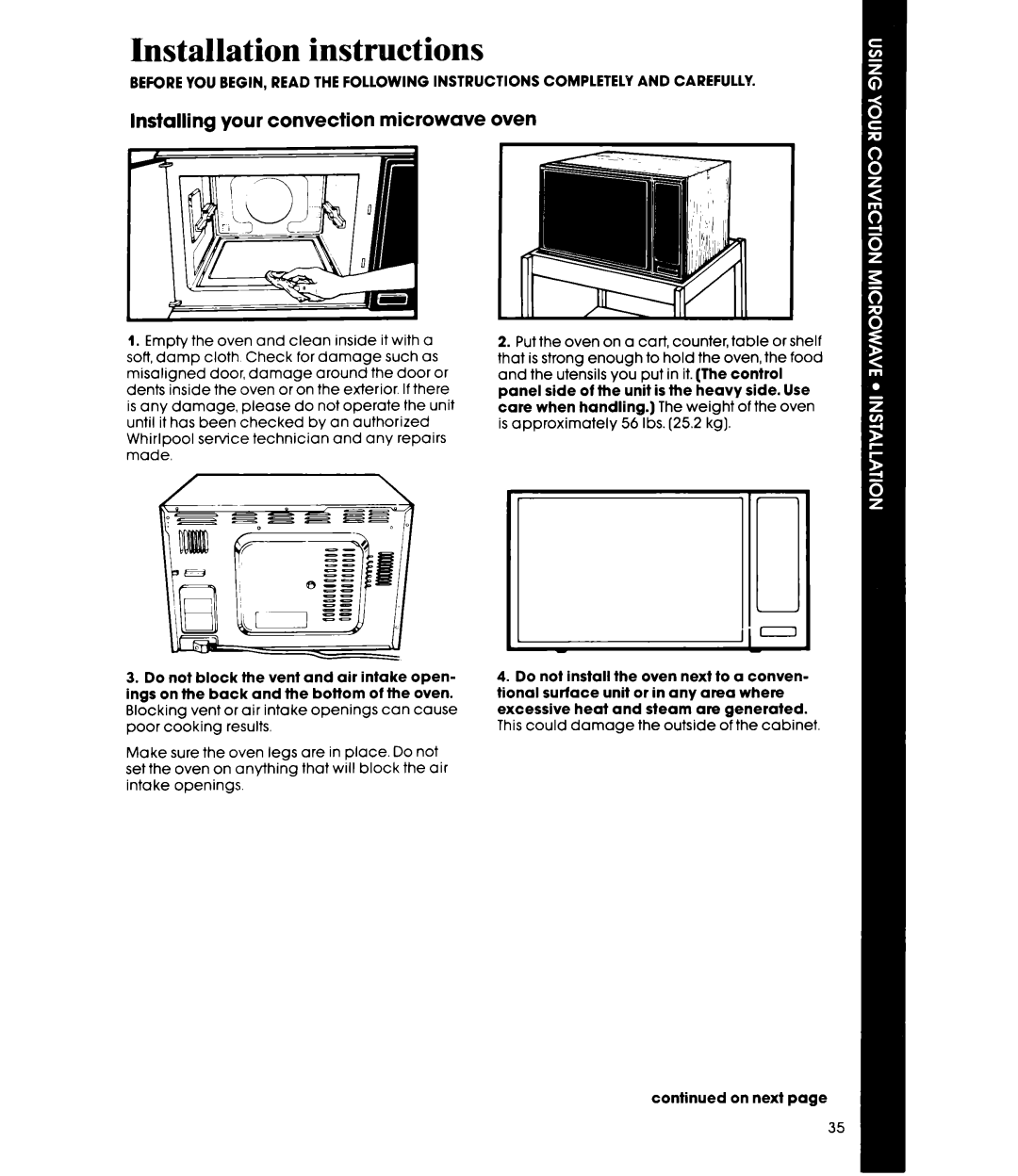 Whirlpool MC8990XT, MC8991XT manual Installation instructions, Installing your convection microwave oven 