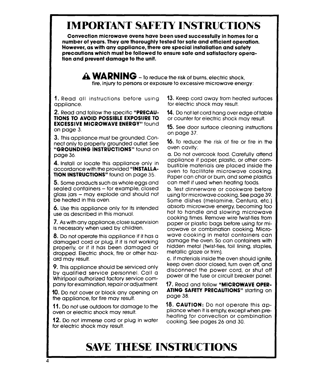 Whirlpool MC8991XT, MC8990XT manual Important Safety Instructions, Save These Instructions 