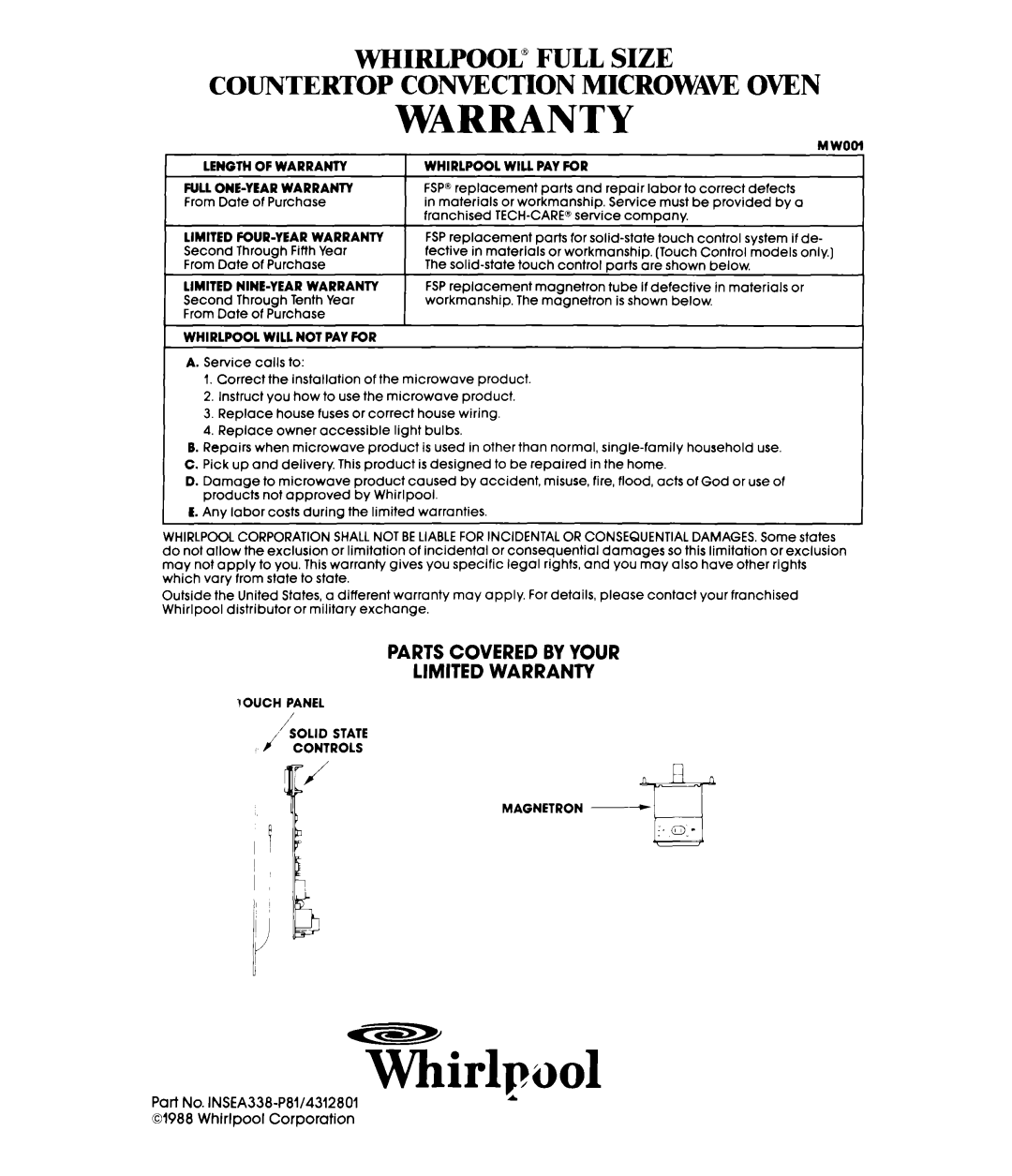Whirlpool MC8991XT manual Whirlpool@ Full Size, Countertop Convection Microwaw Oven, Parts Covered By Your Limited Warranty 