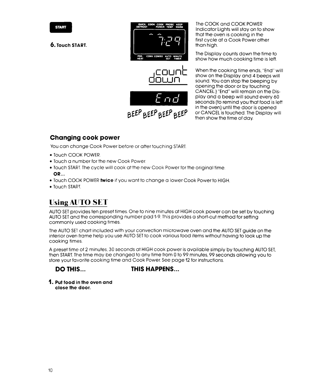 Whirlpool MCB790XT manual Using AIrTO SET, Changing cook power 