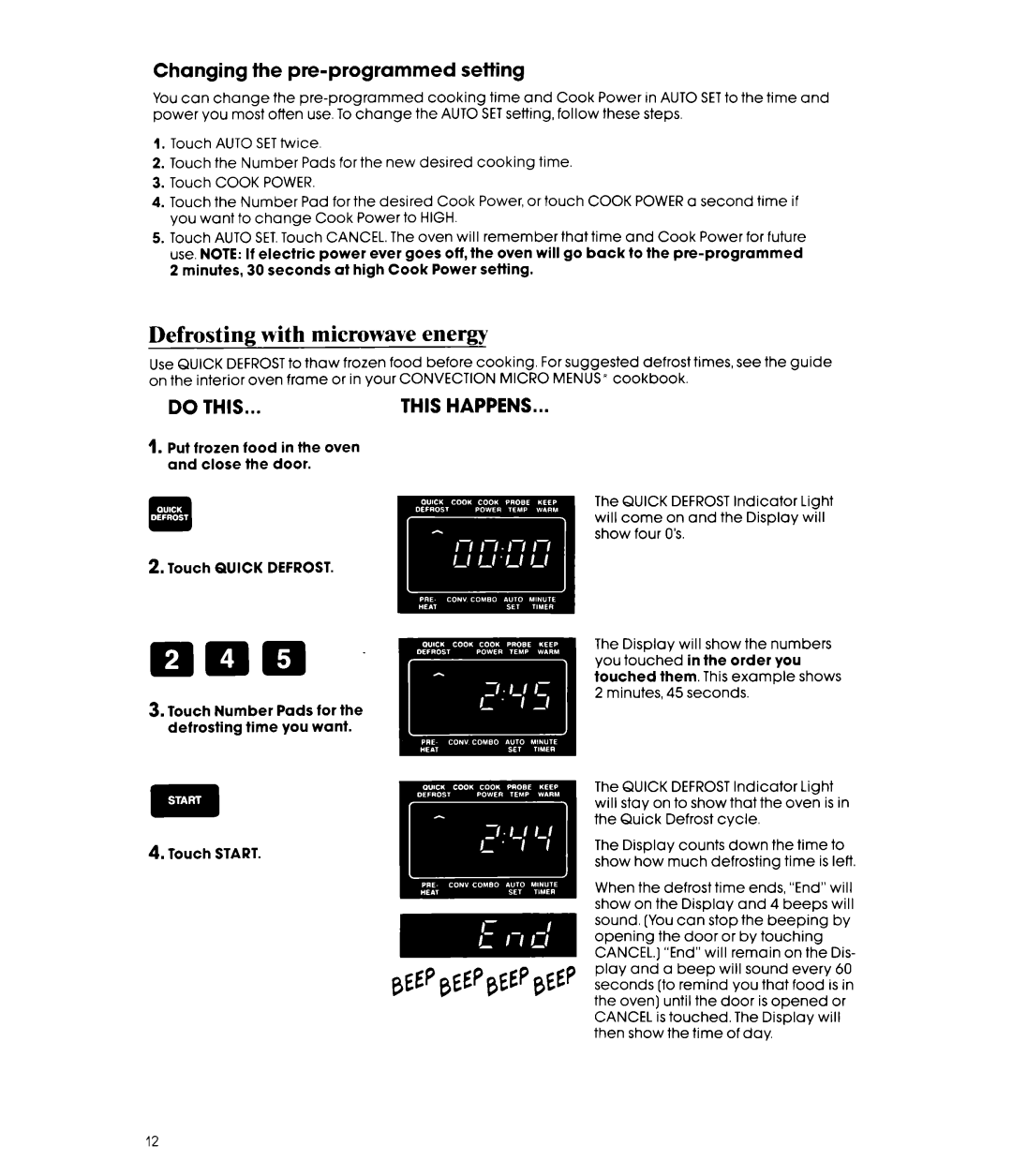 Whirlpool MCB790XT manual Defrosting With microwave Energy, Changing the pre-programmed setting 