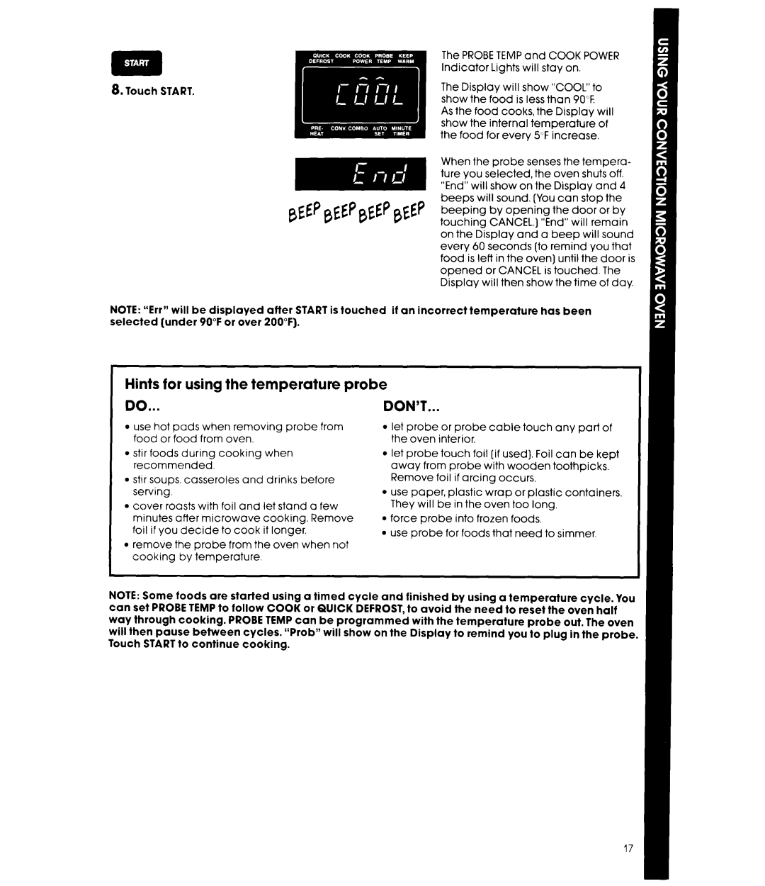 Whirlpool MCB790XT manual Hints for using the temperature probe DO...DON’T 