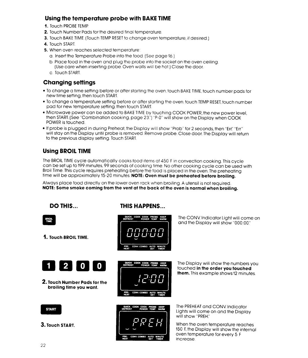 Whirlpool MCB790XT manual Using the temperature probe with Bake Time, Changing settings, Broiling 