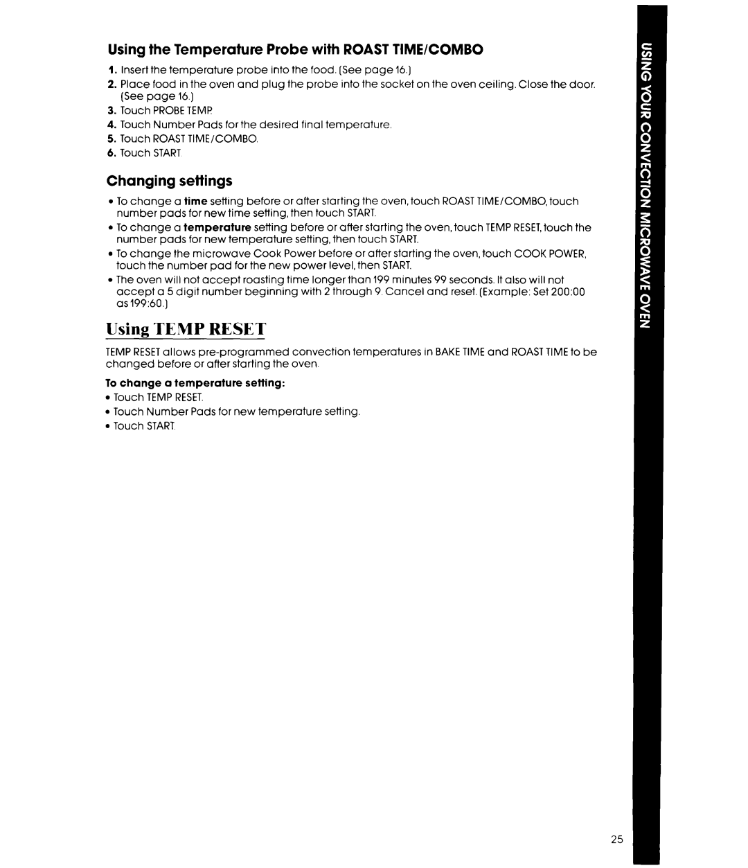 Whirlpool MCB790XT manual Using Temp Reset, Using the Temperature Probe with Roast TIME/COMBO 