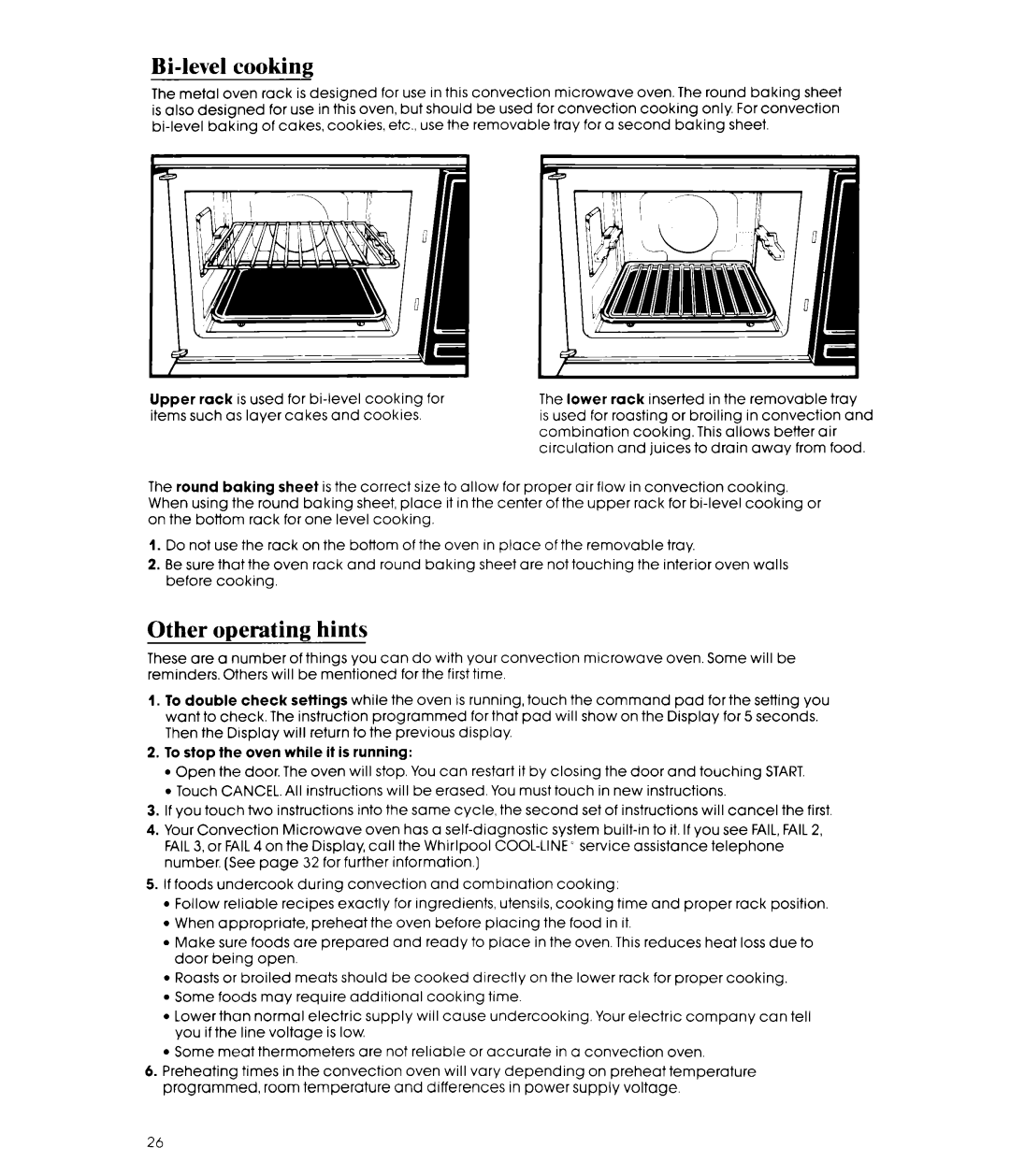 Whirlpool MCB790XT manual Bi-level cooking, Other operating hints 