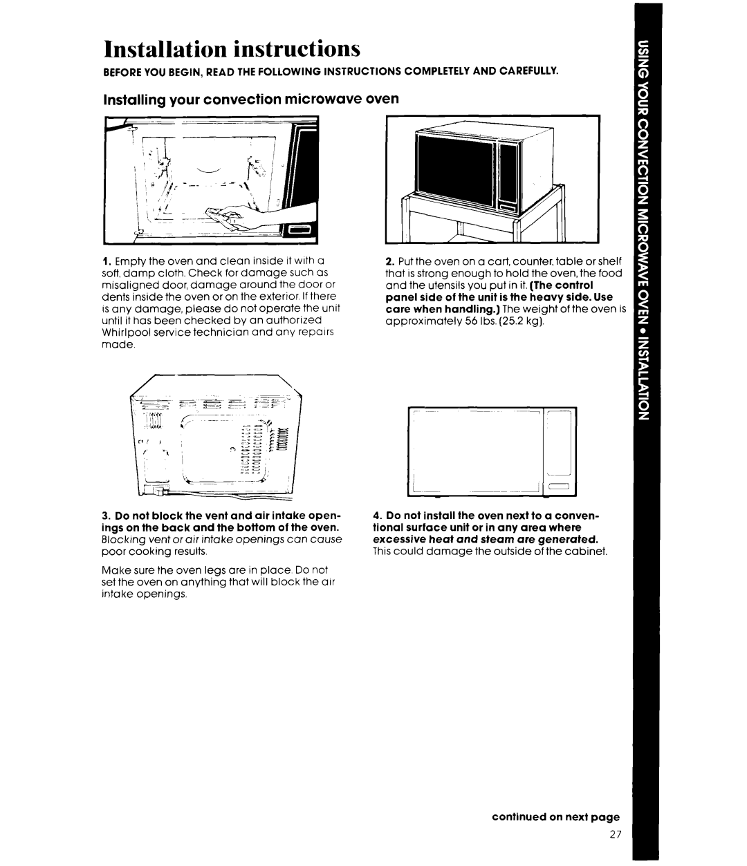 Whirlpool MCB790XT manual Installation instructions, Installing your convection microwave oven 