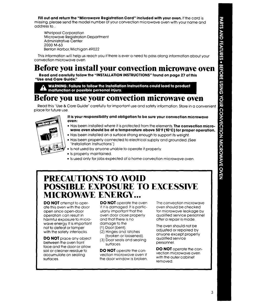 Whirlpool MCB790XT manual Before you install your convection microwave oven 