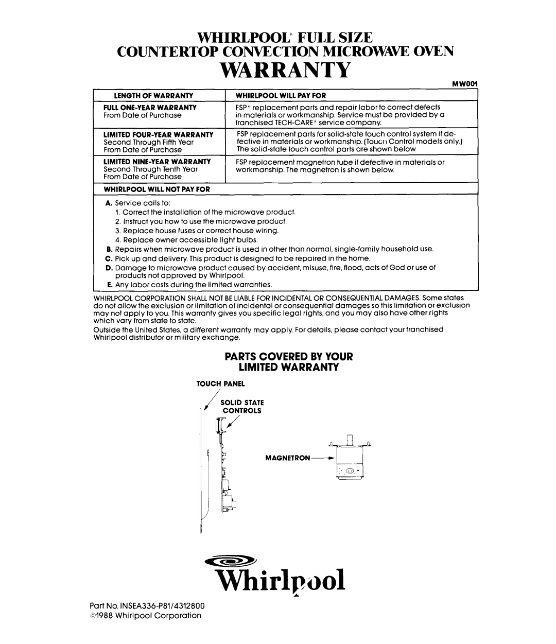 Whirlpool MCB790XT manual Warrantymwooi 
