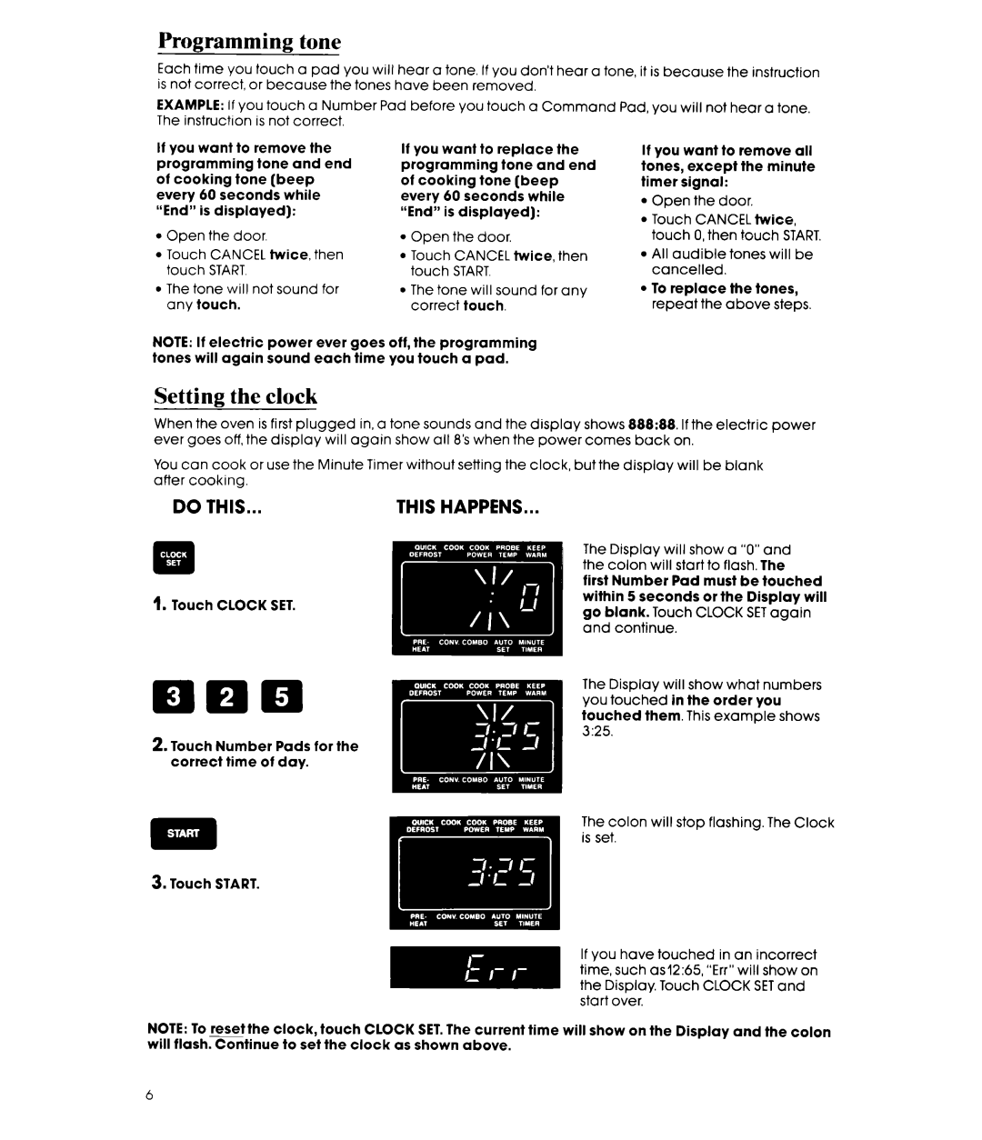 Whirlpool MCB790XT manual Programming tone, Setting the clock 
