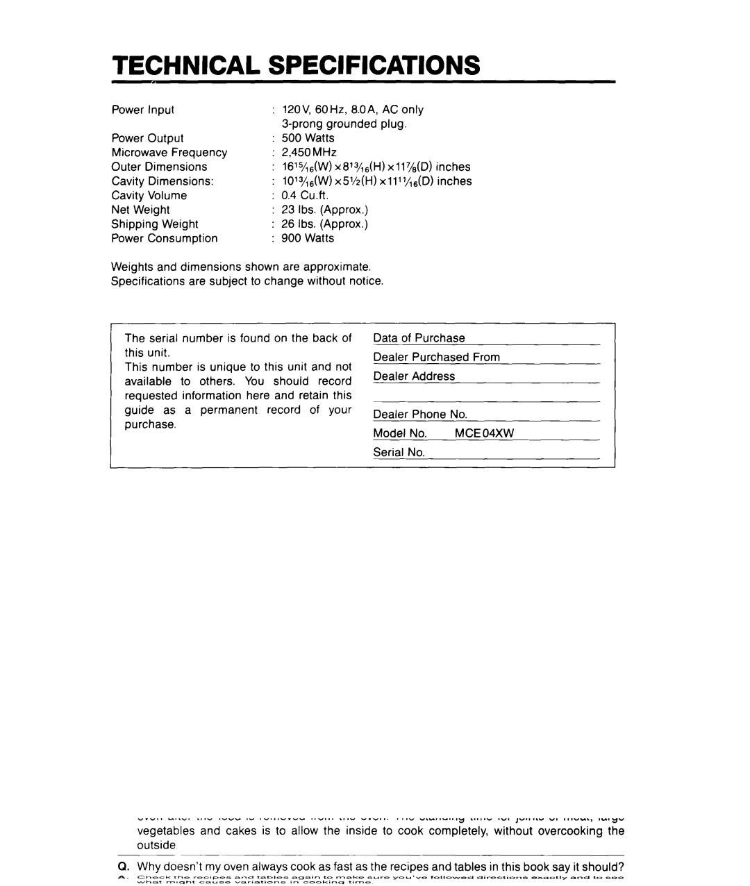 Whirlpool MCE04XW warranty Technical Specifications 