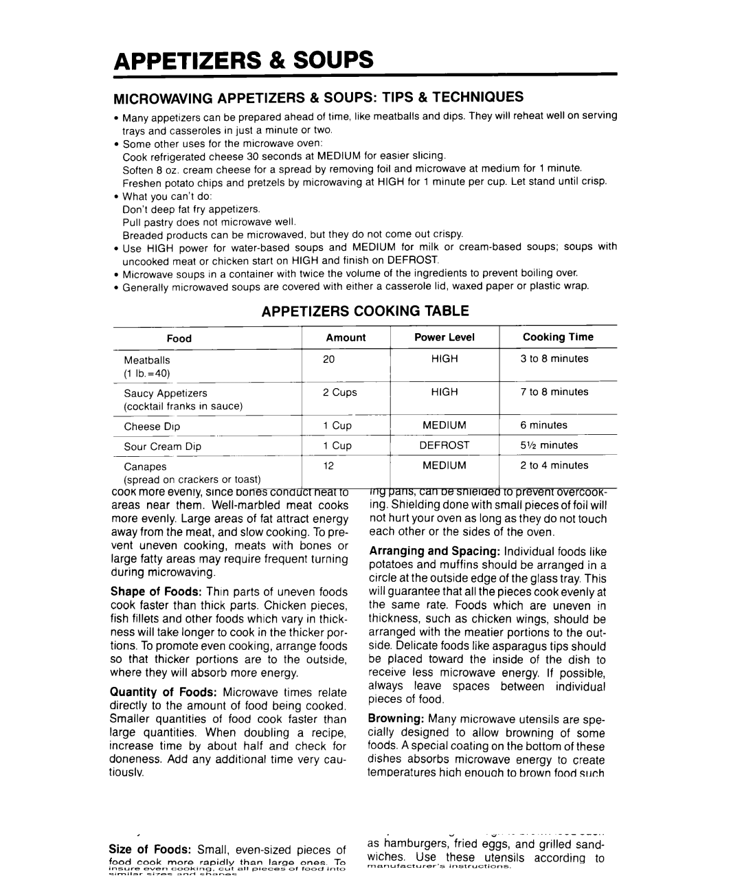 Whirlpool MCE04XW warranty Microwaving Appetizers & Soups Tips & Techniques, Canned Soups Cooking Table 